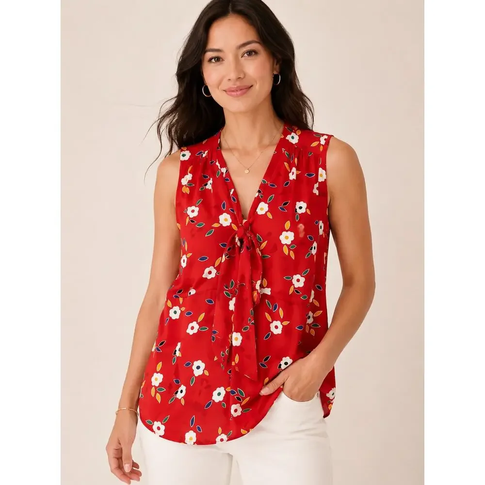 Cabi Red Floral Tie Front Sleeveless Blouse Size Small - Picture 1 of 6